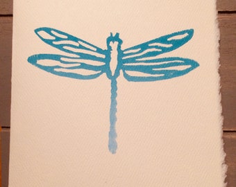 Dragonfly block print 5 x 7 card with envelope, For the nature lover, Dragonfly symbols, new beginnings,  Hope, Joy, Change,  Insect cards,