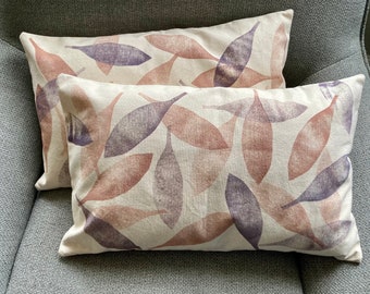 Leaf Block Printed Pillow Cover Set: Rust & Lavender Botanical Design