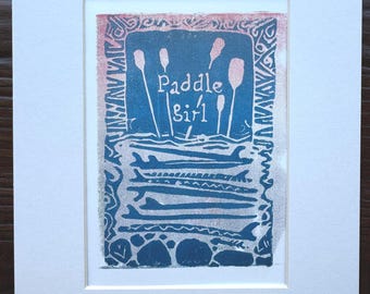 Paddle Girl Block Print: Ocean Blue Linocut Art