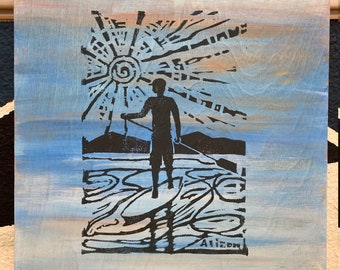Paddle Board Block Print: Rustic Coastal Lake Tahoe Wood Wall Art (12x16)