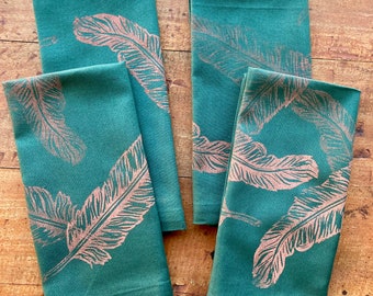 Table linens, Kitchen and Dining set of four napkins, Hunter Green Feather block printed, hand made, 100% cotton napkin set custom printed