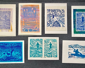 Paddle Sports Block Print Cards: Set of 7 Ocean Art Cards