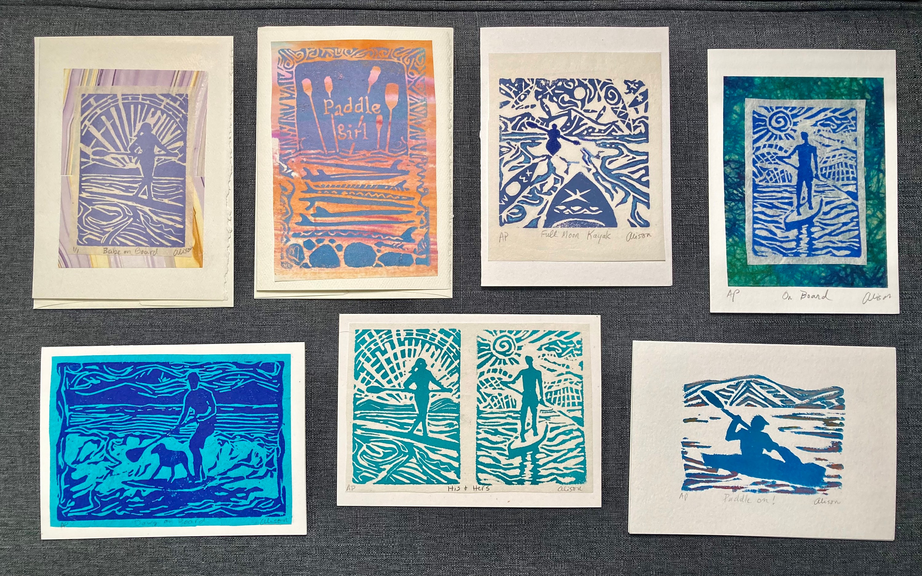 Paddle Sports Block Print Cards: Set of 7 Ocean Art Cards