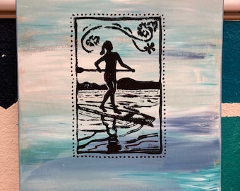 Paddle Board Woman Wood Wall Art: Coastal Ocean Print (12x16)