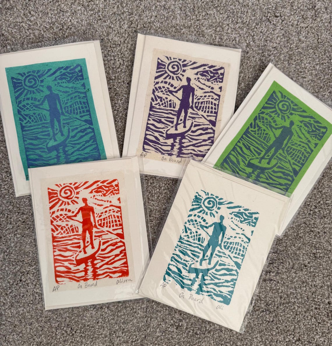 SUP Block Print Cards: Multi-colored Paddle Board Art, Set of 5 - Etsy