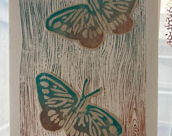 whimsical butterflies with nature textures cards/one of a kind art cards/block printed cards/ mixed media farmable cards/affordable artworks