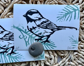 Block Printed Mountain Chickadee Card, Nature Stationery (3.5x5 inch)