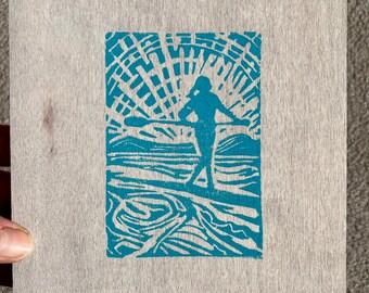 Stand up Paddle board female, original art block print on wood wall canvas, beach lake rustic wall decor gifts for water sports enthusiasts