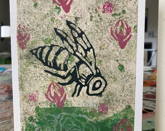 Bee and Flower Block Print Card: Botanical All Occasion Blank Card