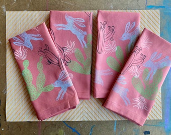 Desert Dreams custom napkins, block printed by hand, set of four, 100% cotton coral and green cactus with leaping rabbits spring napkin sets