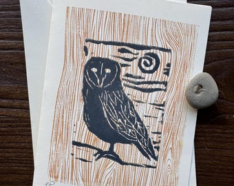 Handprinted Owl Card: Original Block Print, Nature Stationery (5x7)