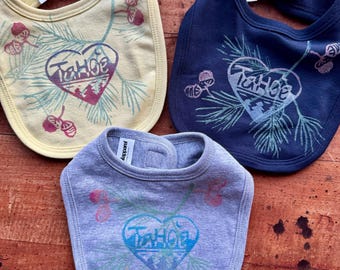 Handcrafted, block printed baby bib, Baby gifts, Eco friendly, organic cotton bibs-skier and tree block print mountain style baby bib