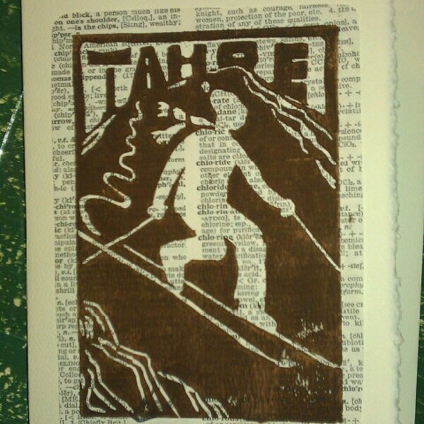 Tahoe Tele Skier 4 x 5 Linocut print on 5 x 7 card