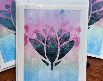 Lotus Flower Monotype Card: Handmade Spiritual Art (5x7)