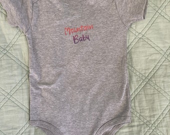 Baby unisex onesie, Mountain Baby original design printed on heather grey cotton