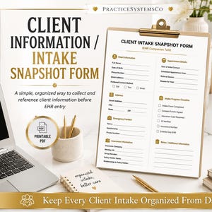 Könnte beinhalten: Ein Kundenaufnahmeformular auf einem Klemmbrett mit goldenen Akzenten. Das Formular enthält Abschnitte für Kundeninformationen, Termindetails, Adresse, Notfallkontakt, Versicherungsinformationen und eine Checkliste für den Fortschritt.