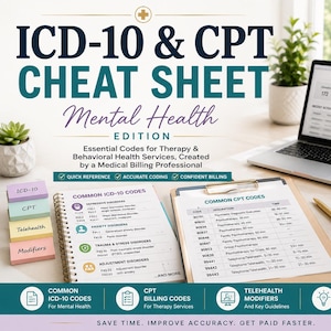 May include: An ICD-10 and CPT cheat sheet for mental health, featuring a spiral-bound notebook and clipboard with medical billing codes, a laptop displaying claim data, a calculator, a gold pen, and a mug on a desk with small potted plants.