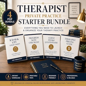 Therapist Private Practice Starter Bundle PDF | Intake Form, ICD10 CPT Cheat Sheet, Pricing Guide for Therapists