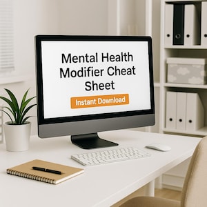 Puede incluir: Un monitor de computadora muestra el texto Mental Health Modifier Cheat Sheet con un botón naranja etiquetado como Instant Download. La pantalla está sobre un escritorio blanco con un cuaderno de espiral, un bolígrafo negro y una planta verde.