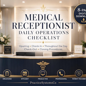 Medical Receptionist Daily Operations Checklist | Front Desk Training Guide | Medical Office Printable PDF