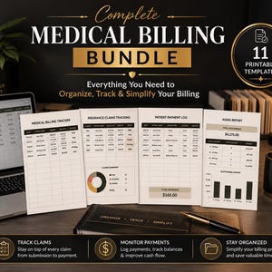 May include: A complete medical billing bundle featuring 11 printable templates. The documents include a medical billing tracker, insurance claims tracking, patient payment log, and aging report, all designed to organise, track, and simplify billing.