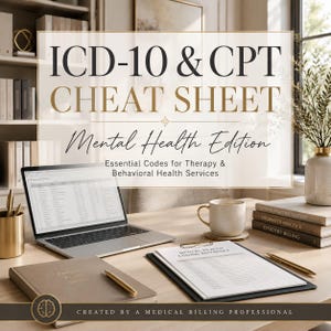 May include: An ICD-10 & CPT Cheat Sheet Mental Health Edition document featuring essential codes for therapy and behavioral health services, displayed on a desk with a laptop, a notebook, a coffee mug, and a stack of books.
