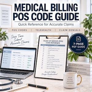 May include: A Medical Billing POS Code Guide featuring a 7-page PDF guide, a clipboard with a Place of Service code reference table, a laptop displaying claim submissions, a stethoscope, a pen, and a mug with the text Good Billing Brighter Tomorrows.