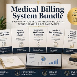 May include: A Medical Billing System Bundle featuring five PDF documents: Clean Claims Starter Bundle, Denial Appeal Guide, Insurance Verification Checklist, Intake & Documentation Checklist, and Denial Appeal Checklist & Tracker, displayed with a laptop and notebook.