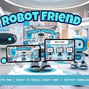 Può includere: Un prodotto educativo digitale intitolato ROBOT FRIEND con robot bianchi e blu in un ambiente futuristico. Il display mostra un'interfaccia per tablet e smartphone con quiz come What is a robot? e il testo CORRECT e NEXT.