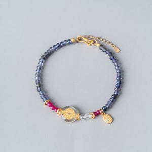 Blue Purple Gemstone Bracelet Iolite Ruby Crystal Beaded Bracelet Layering Jewelry Women Everyday Gift