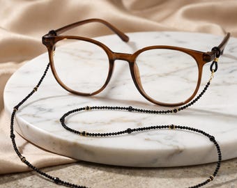 Black Spinel Gemstone Glasses Chain, Gold Eyeglass Lanyard, Elegant Dainty Anti-Lost Daily Wear Timeless Eyewear Accessory Gift for Her