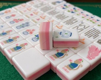 Mahjongset, 160 acryltegels, roze theekopjes, Mah Jongg