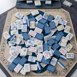 Op de afbeelding: Een verzameling witte mahjongtegels met blauwe achterkanten, voorzien van diverse bedrukte ontwerpen waaronder blauwe en roze bloemmotieven, blauwe strepen en letters zoals N, S, E en W, verspreid over een achthoekige groene en beige speelmat.