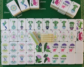 Juego de Mahjong Americano, 160 fichas acrílicas, faroles de estilo chinoiserie en color morado intenso.