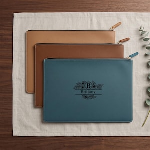 Personalized Leather Portfolio, Custom A4 Document Holder, Engraved Zippered Sleeve Case, Business Portfolio Organizer, Office Gift