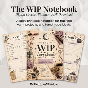 Puede incluir: Un planificador de crochet digital titulado "The WIP Notebook" con una estética vintage. La portada presenta una luna creciente, estrellas y detalles florales. El cuaderno incluye páginas para rastrear hilo, proyectos e ideas hechas a mano.