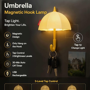 Umbrella Magnetic Hook Lamp Tap Night Light 3 Brightness Modes USB Rechargeable Timer Wall Fridge Magnet Entryway Kids Room Decor