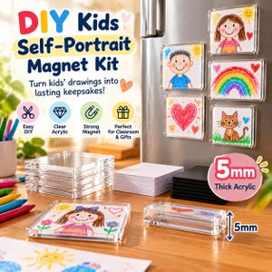 Puede incluir: Un kit de imanes DIY para niños con marcos de acrílico transparente de 5 mm de grosor, insertos de papel blanco y respaldos magnéticos. El kit incluye rotuladores de colores y ejemplos de imanes terminados con dibujos de una persona, un arcoíris, un corazón y un gato.