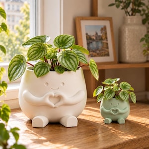 Ensemble de 2 pots de fleurs en forme de cœur et de mains | Grand et petit pots avec pieds, jolis visages souriants | Cadeau idéal pour plantes succulentes, Saint-Valentin ou Fête des Mères
