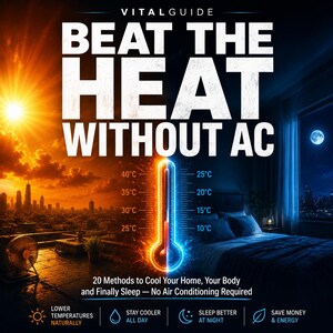 May include: A digital graphic titled VITAL GUIDE BEAT THE HEAT WITHOUT AC. The image is split between a bright orange daytime city skyline and a dark blue nighttime bedroom. A central thermometer shows temperatures from 10°C to 40°C.