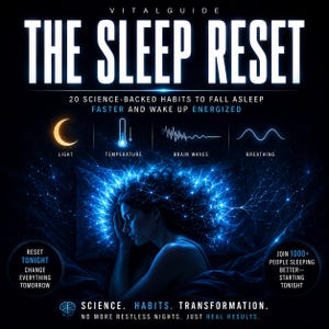 May include: A digital guide titled VITALGUIDE THE SLEEP RESET featuring 20 science-backed habits. The graphic displays icons for light, temperature, brain waves, and breathing above a person sleeping with glowing blue neural patterns.