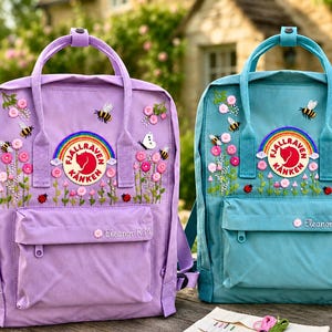 Personalisierte Fjällräven Kanken Rucksack, Name gestickte Blumen Schultasche, Reise Cottagecore Tasche