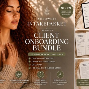 Op de afbeelding: Een digitaal client onboarding pakket van Ademwerk met 23 bewerkbare sjablonen in het Nederlands en Engels. De set bevat een intakeformulier, gezondheidsverklaring en disclaimer voor professioneel beheer van nieuwe cliënten.