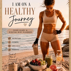 Può includere: Una pubblicità per un diario alimentare e un pianificatore di dieta digitale con il testo I AM ON A HEALTHY JOURNEY, FOOD DIARY & DIGITAL DIET PLANNER, NUTRITION, FITNESS, WELLNESS, RESULTS, Track it. Plan it. Achieve it., PLAN, TRACK, STAY CONSISTENT, REACH YOUR GOALS.