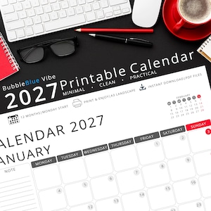 Può includere: Un calendario stampabile 2027 di BubbleBlue Vibe con un design pulito e minimalista che inizia di lunedì. Il documento in carta bianca mostra il mese di gennaio con una sezione per le note, insieme a un calendario di riferimento di febbraio e icone.