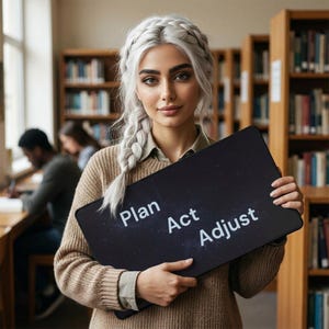 Może przedstawiać: Prostokątna czarna podkładka na biurko z białym napisem Plan, Act, Adjust wydrukowanym wyraźną czcionką. Podkładka ma gładką powierzchnię i zaokrąglone rogi, zaprojektowana tak, aby zapewnić przestrzeń roboczą dla myszy komputerowej i klawiatury.