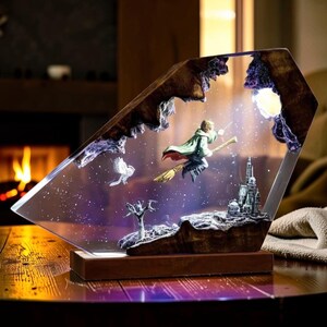 Harry Potter Inspired LED Lamp, Wizard Night Light, Magical Floating Broom Decor, Fantasy Acrylic Desk Lamp Gift