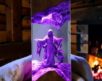 Goddess Sculpture Resin Lamp, Live-Edge Wood Ocean Wave Night Light