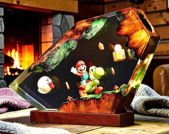 Mario Yoshi Resin Wood Lamp, Handmade Epoxy River Art Light, Gaming Room Decor, Nintendo Inspired Night Light, Gamer Gift