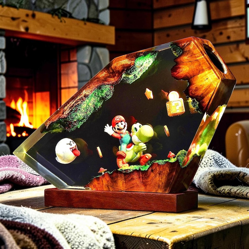 May include: A decorative resin and wood lamp featuring a miniature scene with Mario riding Yoshi, a Boo ghost, a question mark block, and gold coins. The piece is set on a rectangular wooden base with a dark, polished finish and internal lighting.